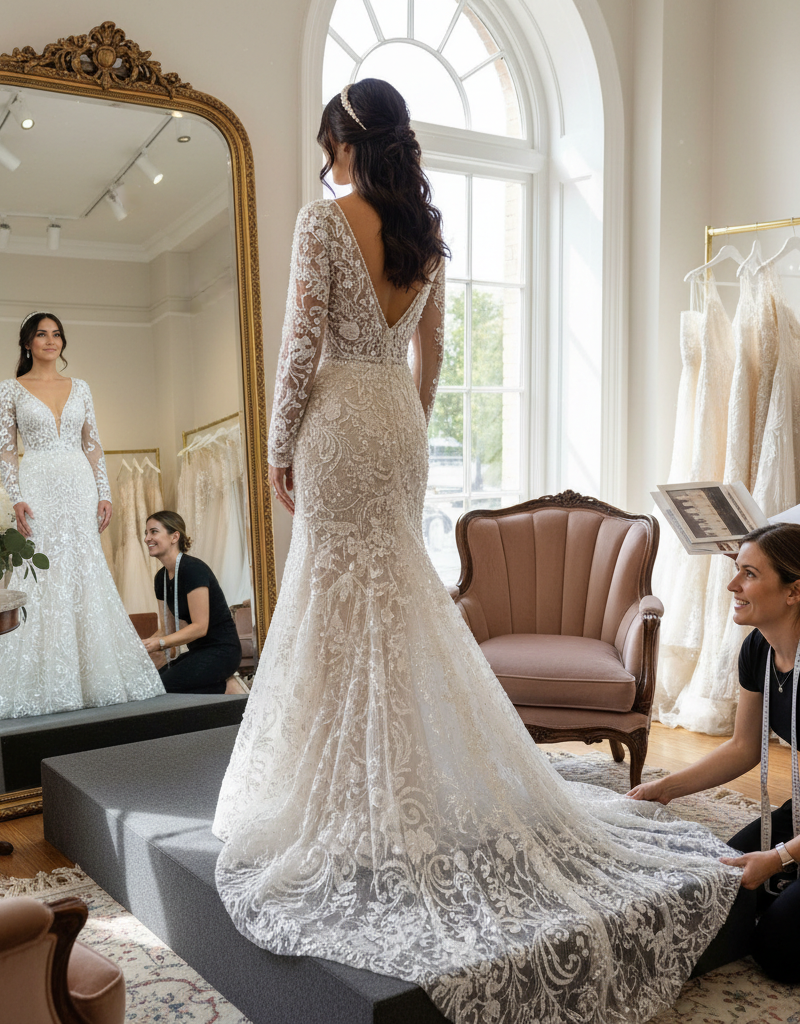 Bridal consultant with bride at boutique